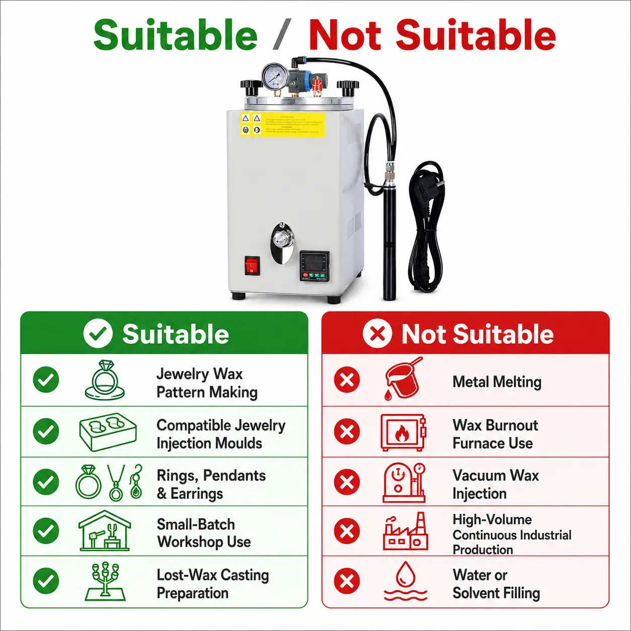 Suitable and not suitable use chart for digital jewelry wax injection machine: suitable for wax pattern making, jewelry moulds and lost-wax casting; not suitable for metal melting, burnout or vacuum injection