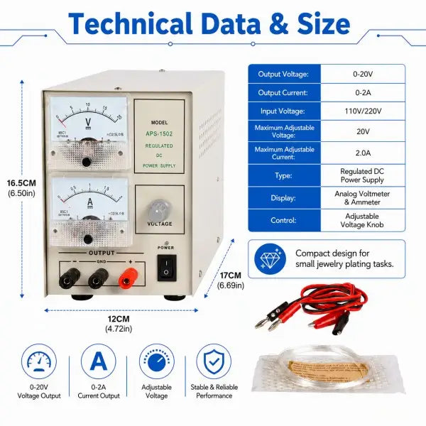 20V 2A jewelry gold plating machine technical data and dimensions - 170x120x165mm, 0-20V output, 0-2A current, regulated DC power supply