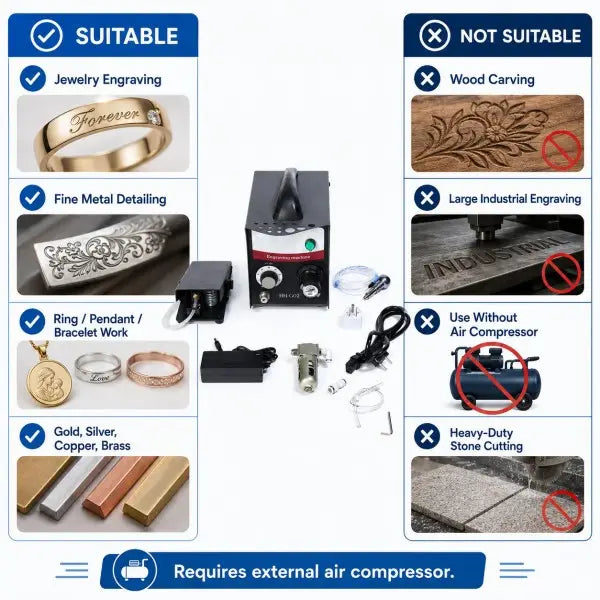 Suitable and not suitable applications for HH-G02: jewelry engraving, fine metal detailing, ring/pendant/bracelet work, gold/silver/copper/brass suitable; wood carving, large industrial engraving, use without air compressor, heavy-duty stone cutting not suitable
