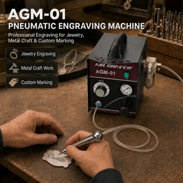 AGM-01 pneumatic engraving machine in use — hand engraving a ring with pneumatic handpiece on jewelry workbench