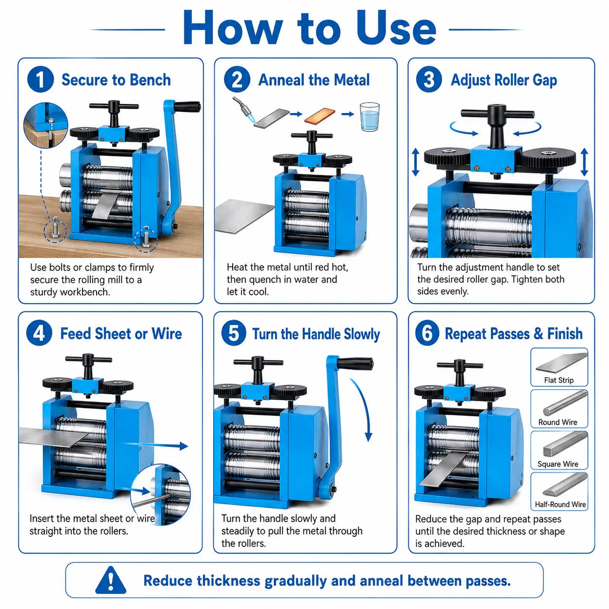 How to use jewellery rolling mill: 6-step guide showing bench mounting, metal annealing, roller gap adjustment, sheet feeding, handle turning and repeat passes for flat strip, round wire, square wire and half-round wire