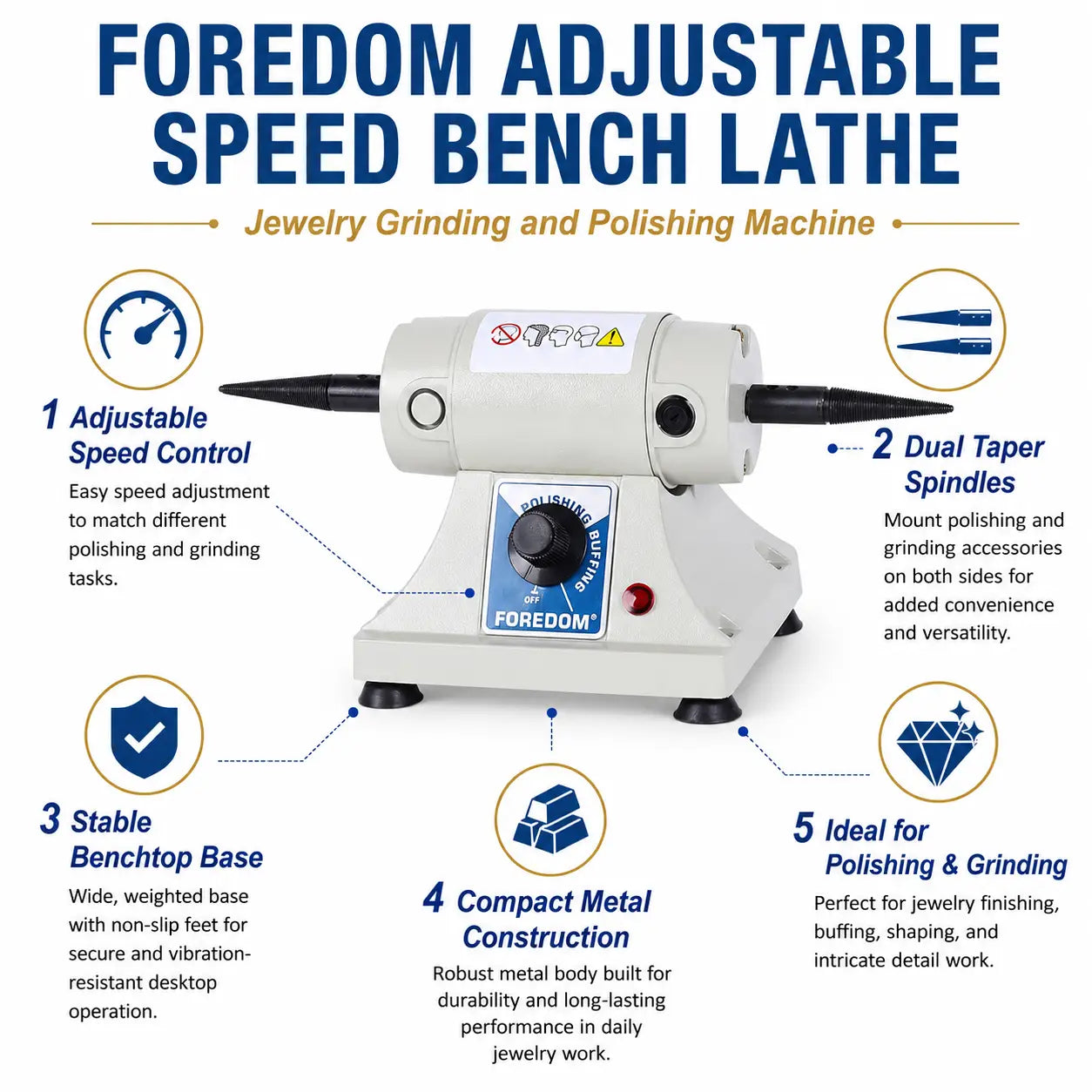 Foredom adjustable speed bench lathe infographic showing 5 key features adjustable speed control dual taper spindles stable base compact metal construction and jewelry polishing applications
