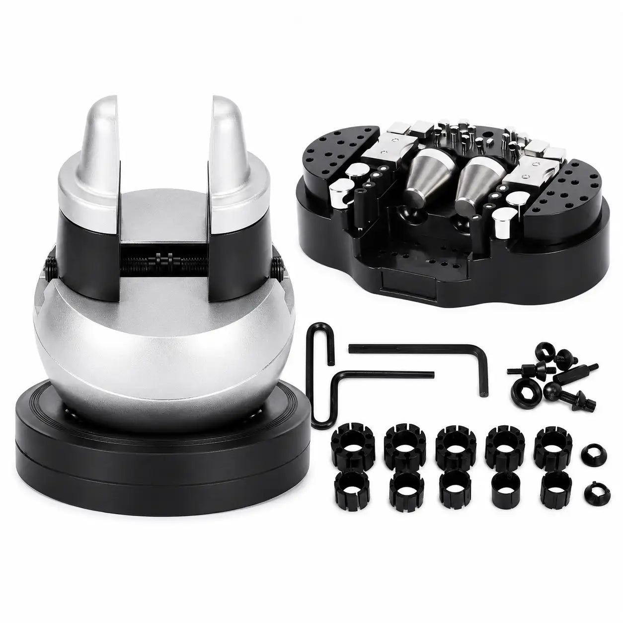 Musttool 5-inch ball vise product overview showing 360-degree swivel rotation, heavy ball body, wide stable base, adjustable engraving jaws, ring and stone setting support, and multi-size accessory set with ring holders and hex key