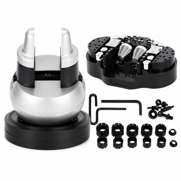 5-Inch Ball Vise with chrome steel body, wide stable base, fixture plate, multi-size ring holders, pins, screws, and 2 hex wrenches, shown with all accessories on white background