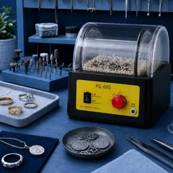 PG-085 Rotary Tumbler Polisher on a jewelry workbench surrounded by rings, necklaces, coins, and small metal parts, with clear barrel loaded with polishing media