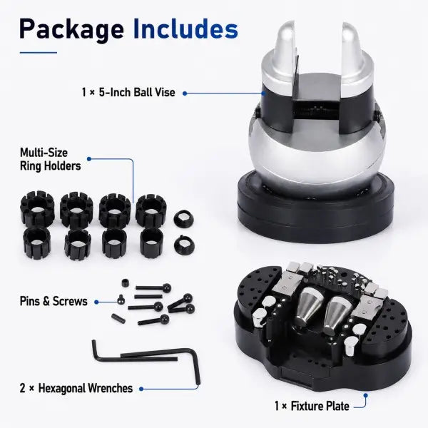 5-Inch Ball Vise package contents including 1 ball vise, 1 fixture plate, multi-size ring holders, pins and screws, and 2 hexagonal wrenches