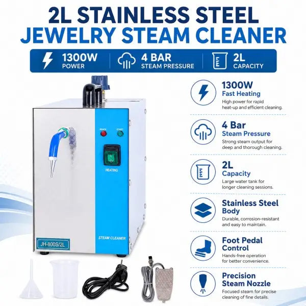2L Stainless Steel Jewelry Steam Cleaner blue version key features - 1300W fast heating, 4 bar steam pressure, 2L capacity, stainless steel body, foot pedal control and precision steam nozzle