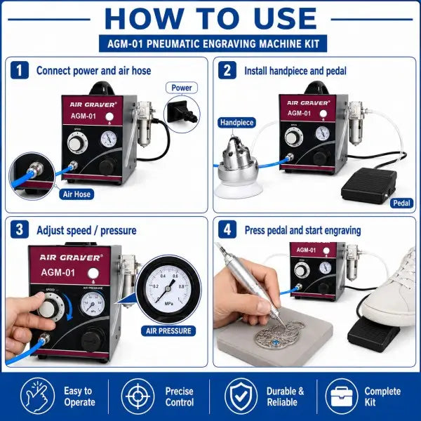 AGM-01 pneumatic engraving machine how-to-use guide: connect power and air hose, install handpiece and pedal, adjust speed and pressure, press pedal and start engraving