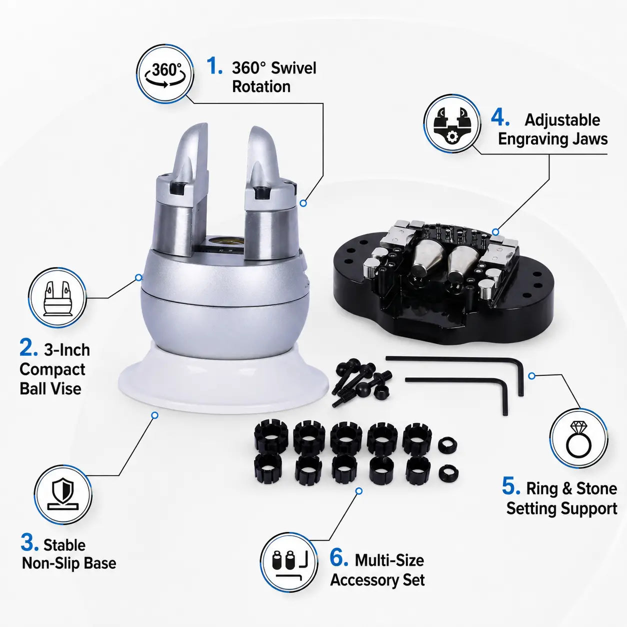 Musttool 3-inch ball vise feature callout diagram highlighting 360-degree swivel rotation, compact ball body, stable non-slip base, adjustable engraving jaws, ring and stone setting support, and multi-size accessory set
