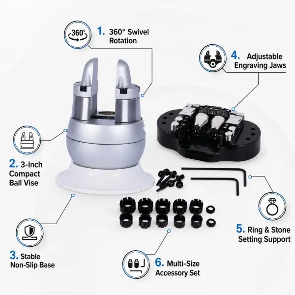 3-Inch Ball Vise 360-degree swivel jewelry engraving and stone setting tool feature overview showing swivel rotation, compact 3-inch ball, self-centring jaws, ring and stone setting support, and accessory set