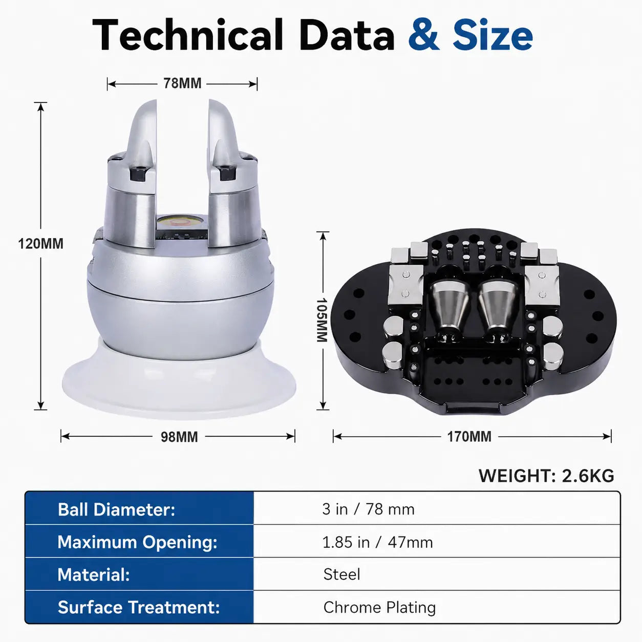 Musttool 3-inch ball vise technical data diagram showing 78mm ball diameter, 120mm height, 98mm base width, 170mm engraving block width, 2.6kg weight, and spec table with chrome plating surface treatment
