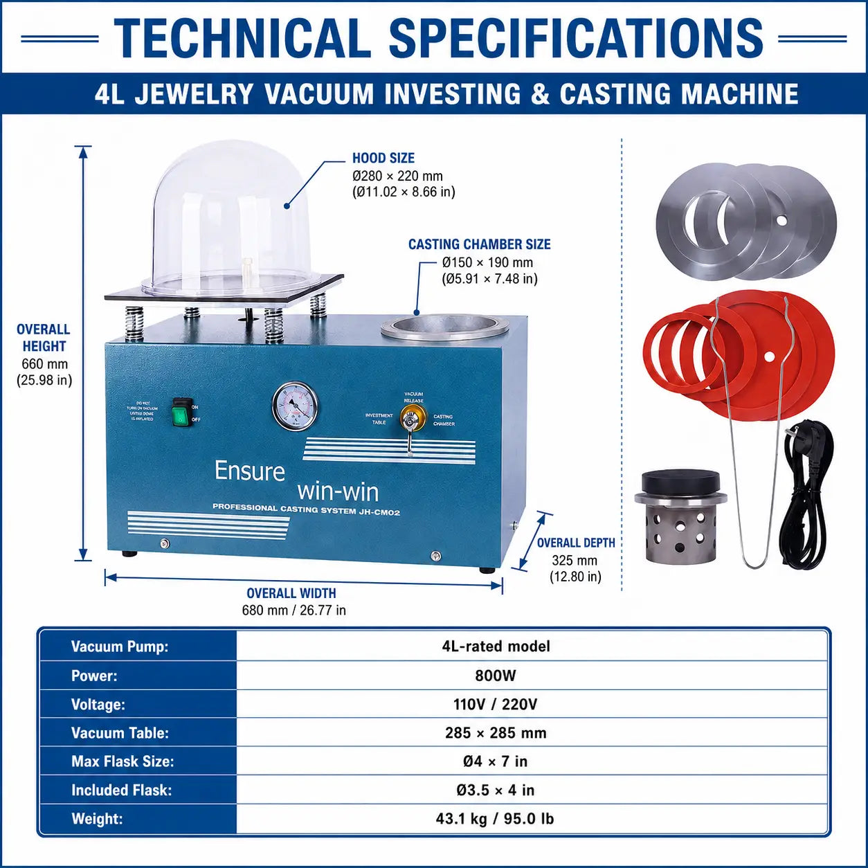 4L jewelry vacuum investing and casting machine technical specifications with dimensions 680x325x660mm and accessory list
