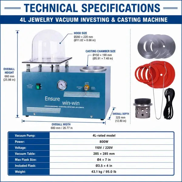 4L Vacuum Investing and Casting Machine technical specifications showing overall dimensions 680x325x660mm, hood size 280x220mm, casting chamber size 150x190mm, vacuum pump 4L-rated, power 800W, voltage 110V/220V, vacuum table 285x285mm, max flask size 4x7in, included flask 3.5x4in, and weight 43.1kg/95.0lb