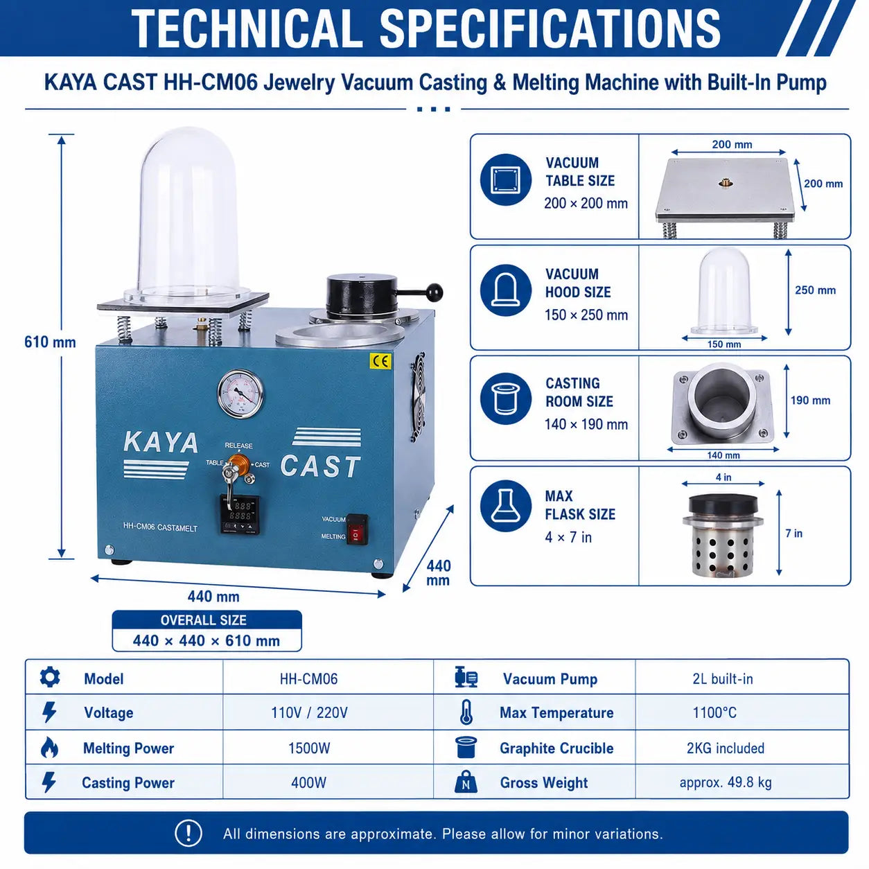 KAYA CAST HH-CM06 technical specifications diagram showing 440x440x610mm dimensions, vacuum table 200x200mm, hood 150x250mm, and full spec table
