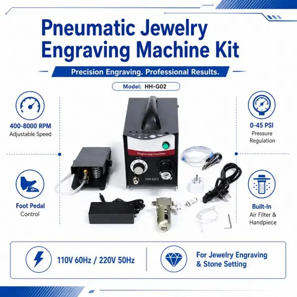 HH-G02 pneumatic jewelry engraving machine kit features: 400-8000 RPM adjustable speed, 0-45 PSI pressure regulation, foot pedal control, built-in air filter and handpiece, 110V/220V for jewelry engraving and stone setting
