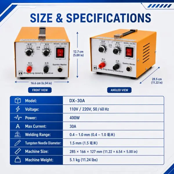 30A Pulse Jewelry Spot Welder size and specifications chart showing dimensions, power rating, current output, and voltage options in a detailed table