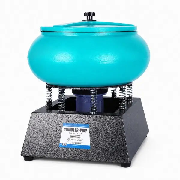 17-inch vibratory tumbler jewelry polishing machine with teal bowl on spring-supported black base, power switch visible on side