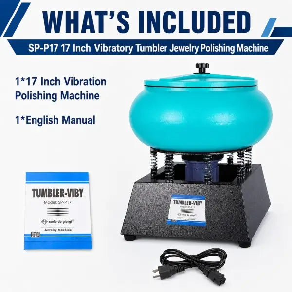 What's included with SP-P17 vibratory tumbler: machine unit, English manual, and power cable