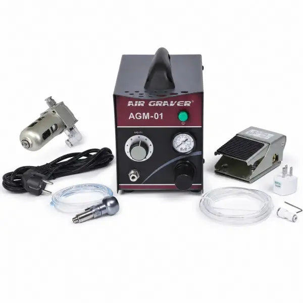 AGM-01 Air Graver pneumatic engraving machine complete set with handpiece, metal foot pedal, air filter, power cord, air hose, tubing, adapter, and allen key on white background 