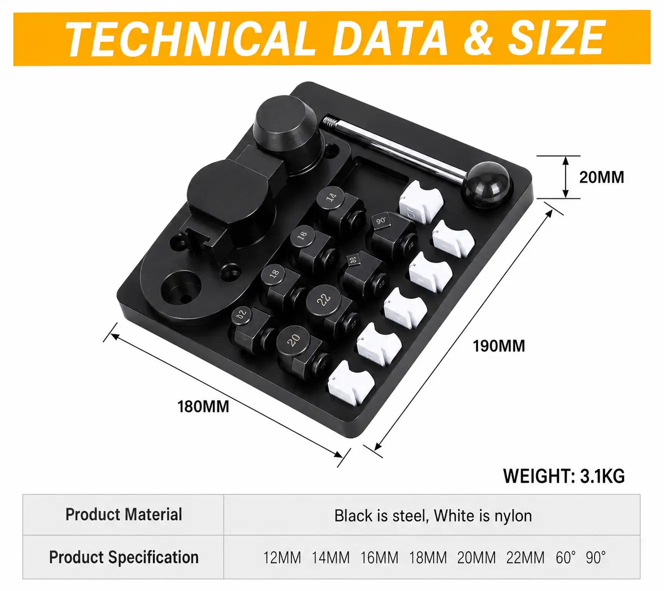 Ring bending tool technical data and size diagram showing 180x190x20mm dimensions, 3.1kg weight, steel and nylon material table, and mold specifications 12-22mm plus 60 and 90 degree