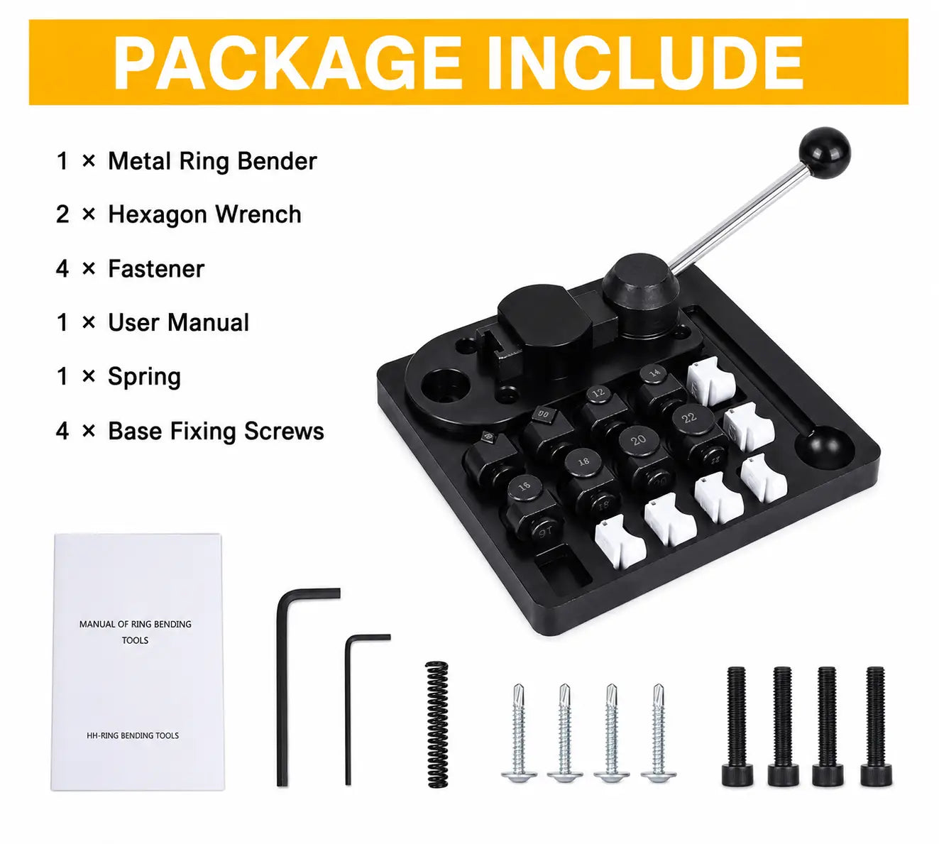 Ring bending tool package contents: 1x metal ring bender, 2x hex wrenches, 4x fasteners, 1x user manual, 1x spring, and 4x base fixing screws laid out on white background
