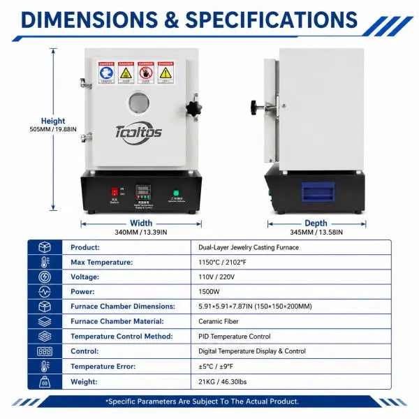 Dual-layer jewelry flask preheating furnace dimensions and specifications — 340x345x505mm, 1500W, 1150°C max, PID temperature control