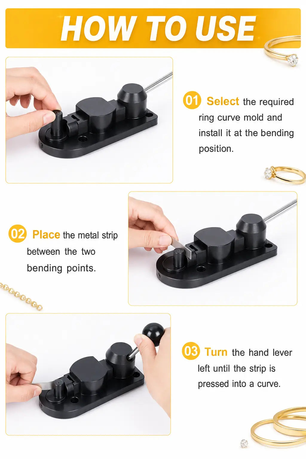 Ring bending tool how-to-use guide showing 3 steps: select and install the ring curve mold, place metal strip between bending points, then turn the hand lever to press strip into a curve