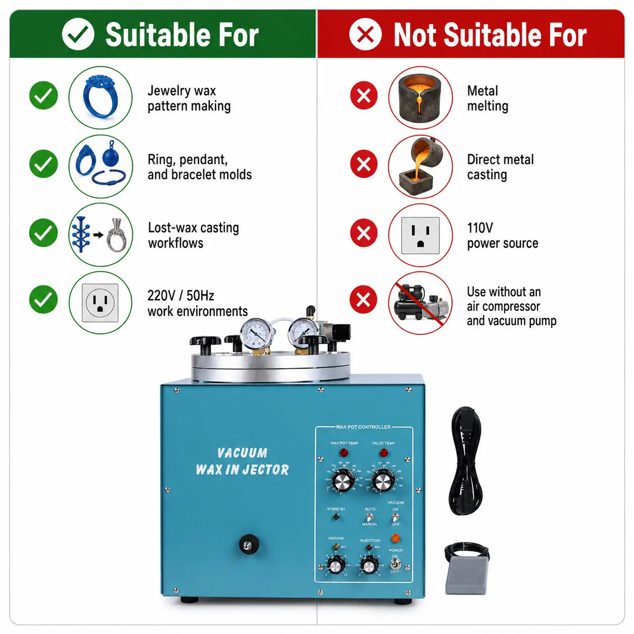 Suitable and not suitable use chart for jewelry vacuum wax injector: suitable for wax pattern making, ring and pendant molds, lost-wax casting, 220V environments; not suitable for metal melting, direct metal casting, 110V power or use without air compressor and vacuum pump