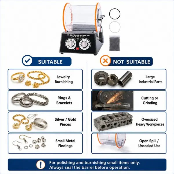 KT-2000 rotary jewelry tumbler suitable and not suitable use cases showing jewelry burnishing rings bracelets silver gold pieces and small metal findings versus large industrial parts cutting grinding oversized workpieces and unsealed use