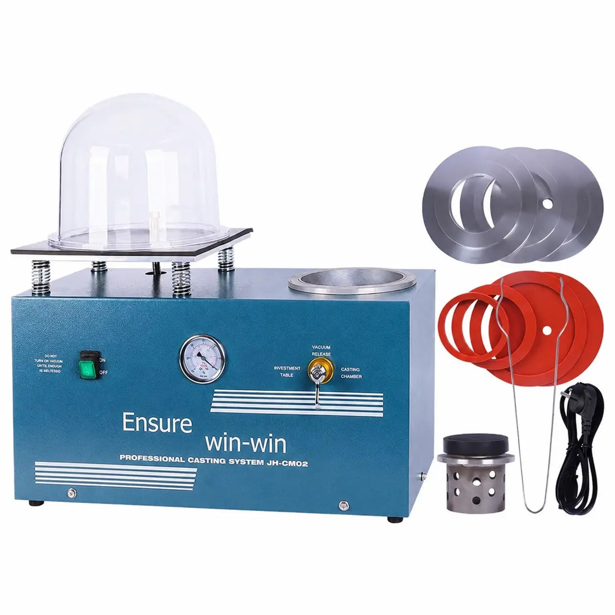 4L bench-top vacuum investing and casting machine front view with dual workstation design and included accessories
