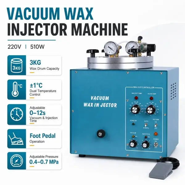 Jewelry Vacuum Wax Injector Machine key features showing 3KG wax drum capacity, plus or minus 1 degree C dual temperature control, adjustable 0-12s vacuum and injection time, foot pedal operation, adjustable pressure 0.4-0.7MPa, 220V 510W, with blue machine body and control panel