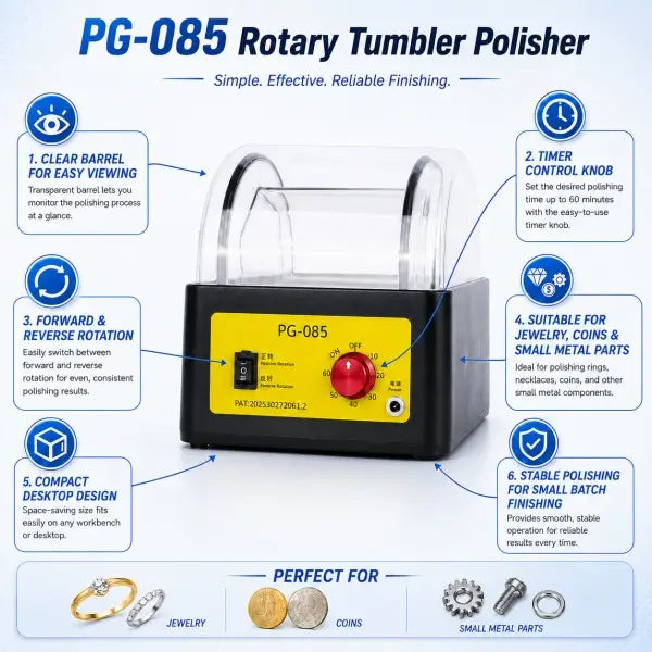 PG-085 Rotary Tumbler Polisher feature highlights including 360-degree rotation, adjustable speed, clear barrel visibility, timer control, and compact desktop design