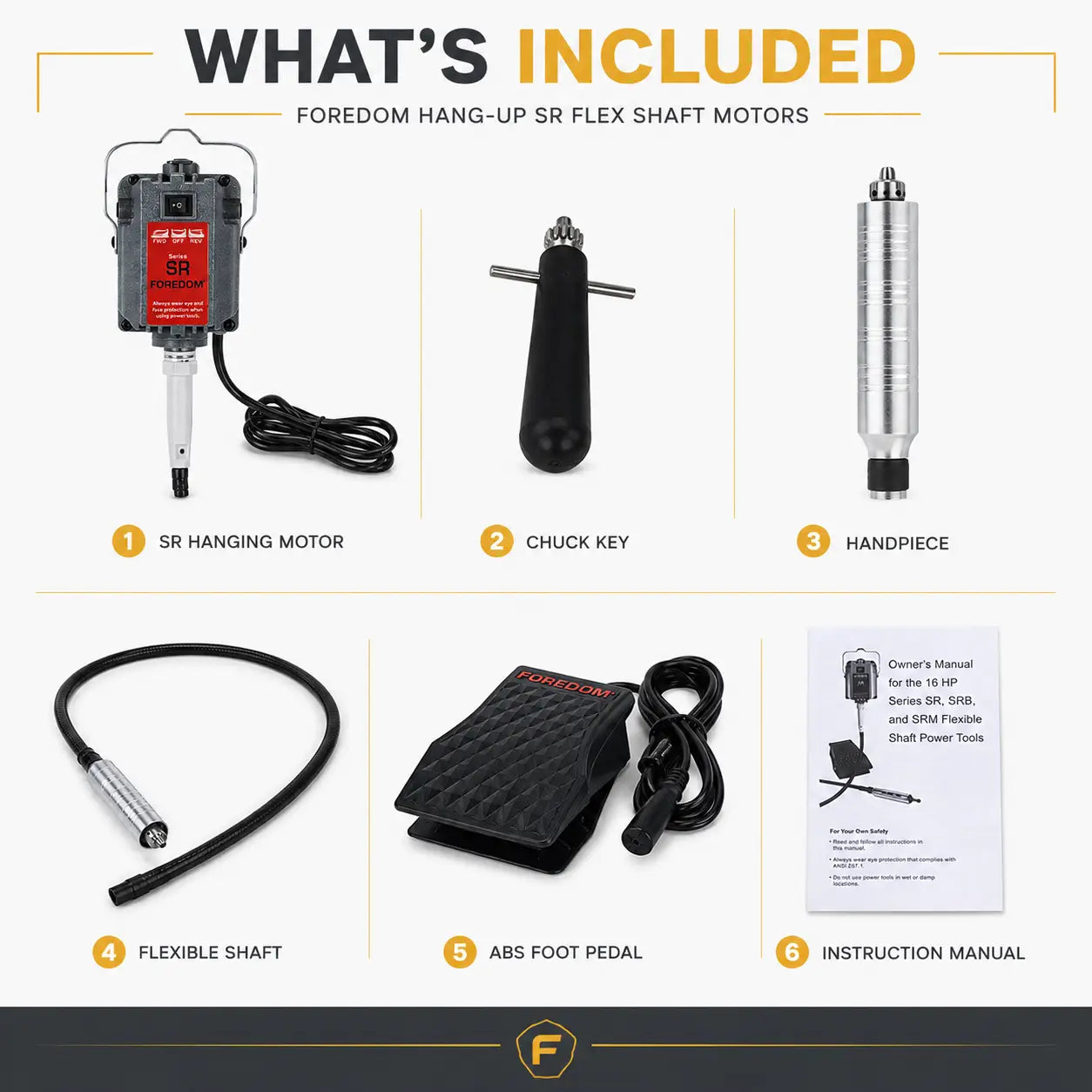 Flex shaft rotary tool what's included: SR hanging motor, chuck key, handpiece, flexible shaft, ABS foot pedal, and instruction manual laid out on white background