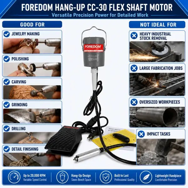 Foredom CC-30 hang-up flex shaft motor good for and not ideal for comparison showing jewelry making polishing carving grinding drilling and detail finishing versus heavy industrial stock removal large fabrication jobs oversized workpieces and impact tasks