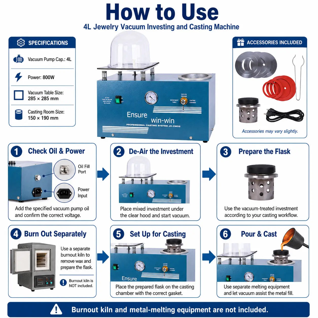 4L vacuum investing and casting machine with clear acrylic hood, casting chamber, metal gaskets, rubber sealing gaskets, casting flask and power cable
