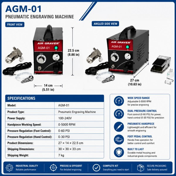 AGM-01 pneumatic engraving machine dimensions: 27x14x22.5 cm, 0-5000 RPM, 0-60 PSI, 100-240V universal voltage, front and angled side view with specifications table