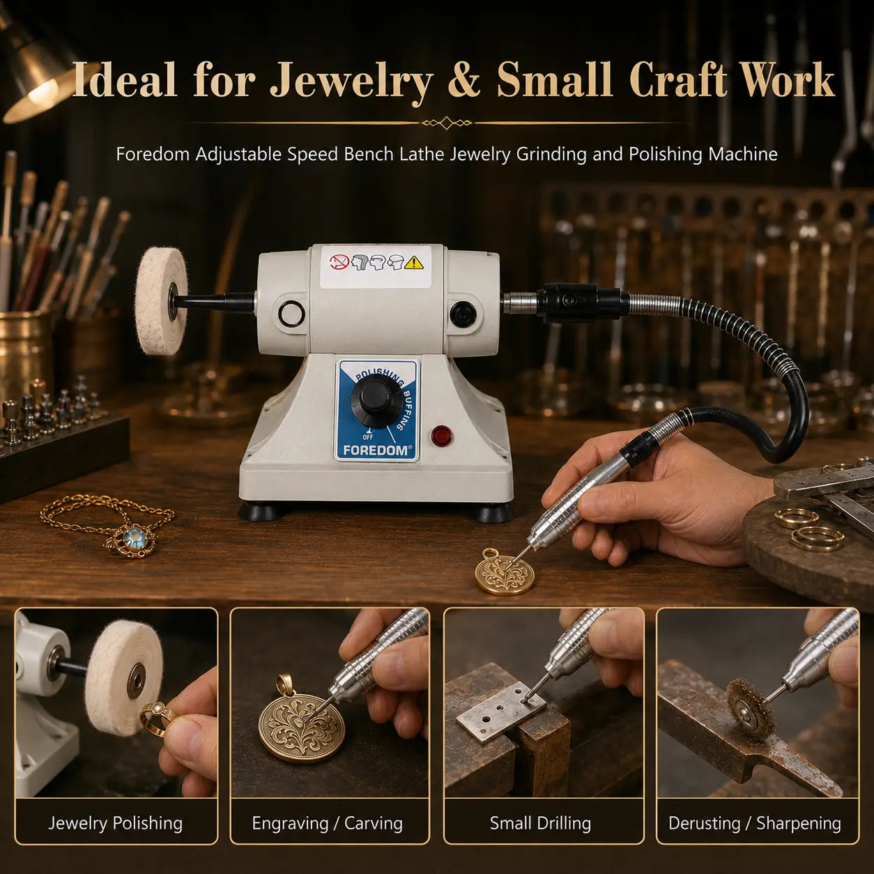Foredom bench lathe in use on jewelry workbench with flexible shaft handpiece showing jewelry polishing engraving carving small drilling and derusting applications