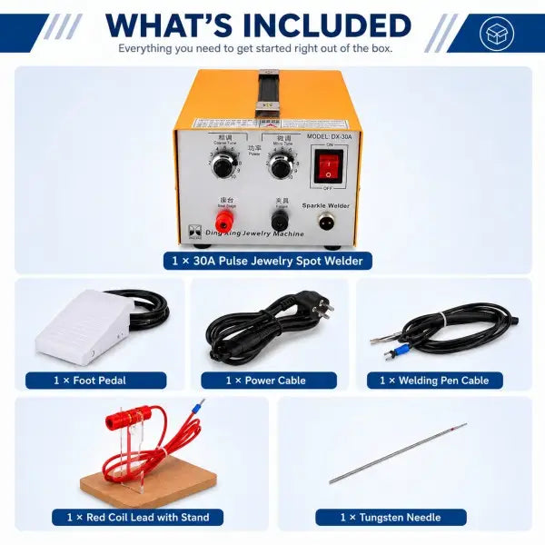 30A Pulse Jewelry Spot Welder DX-30A package contents including main unit, foot pedal, power cable, welding pen cable, red coil lead with stand, and tungsten needle