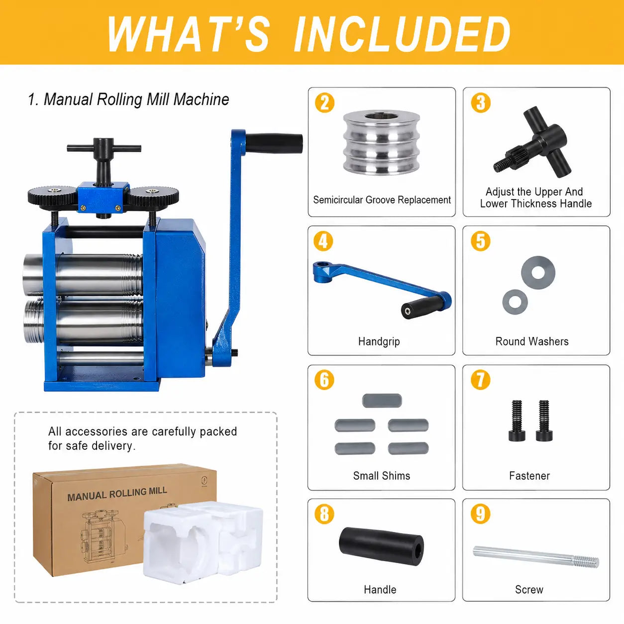 What's included with manual rolling mill: main unit, semicircular groove replacement roller, T-bar handle, side crank, shims, fasteners, handle and screw

