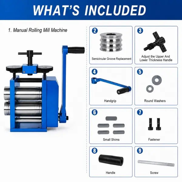 3-in-1 Manual Jewellery Rolling Mill package contents including 1 rolling mill machine, semicircular groove replacement roller, upper and lower thickness adjustment handle, handgrip, round washers, small shims, fasteners, handle, and screws