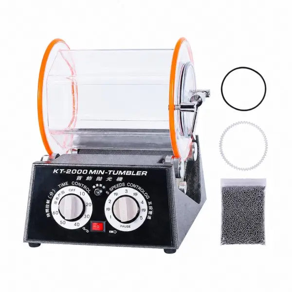 KT-2000 rotary jewelry tumbler on white background with transparent polycarbonate drum sealing rings and stainless steel shot accessories