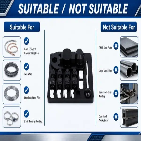 Manual Ring Bending Tool suitable and not suitable comparison: suitable for gold, silver, copper ring bars, iron wire, stainless steel wire, and small jewelry bending; not suitable for thick steel plate, large metal pipe, heavy industrial bending, or oversized workpieces