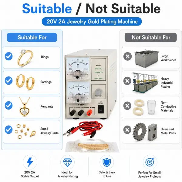 Suitable and not suitable applications for 20V 2A jewelry gold plating machine - suitable for rings, earrings, pendants and small jewelry parts; not suitable for large workpieces, heavy industrial plating or non-conductive materials