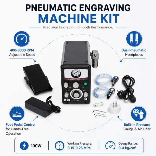 Pneumatic engraving machine kit features: 400-8000 RPM adjustable speed, dual pneumatic handpieces, foot pedal control, built-in pressure gauge and air filter, 100W power