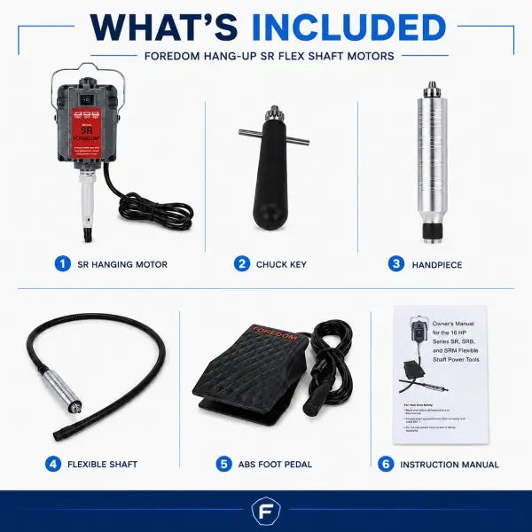 Hang-Up Flex Shaft Rotary Tool what's included: SR hanging motor, chuck key, handpiece, flexible shaft, ABS foot pedal, and instruction manual