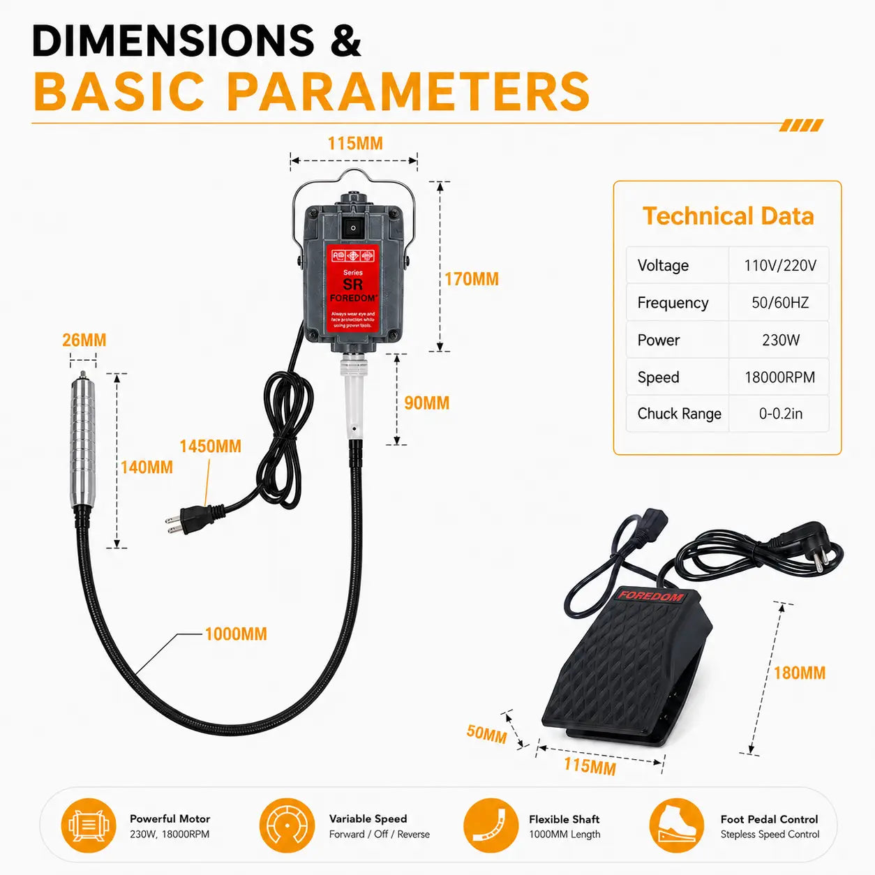 Flex shaft rotary tool dimensions and technical data diagram showing motor 115x170mm, shaft 1000mm, handpiece 140x26mm, foot pedal 115x180mm; specs: 110V/220V, 50/60Hz, 230W, 18000RPM, chuck range 0-0.2in