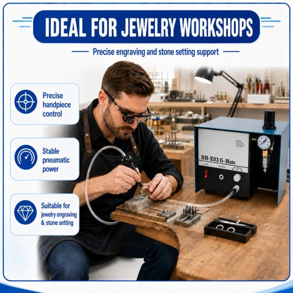 Jewelry workshop scene — HH-E03 G-Mate pneumatic engraver in use on metal pieces 