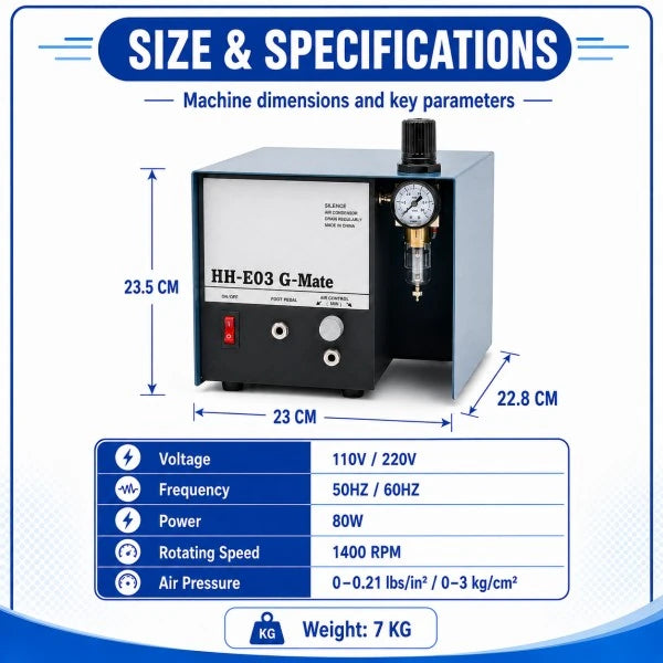 Technical specifications of HH-E03 G-Mate pneumatic hand engraver — dimensions, weight, voltage 