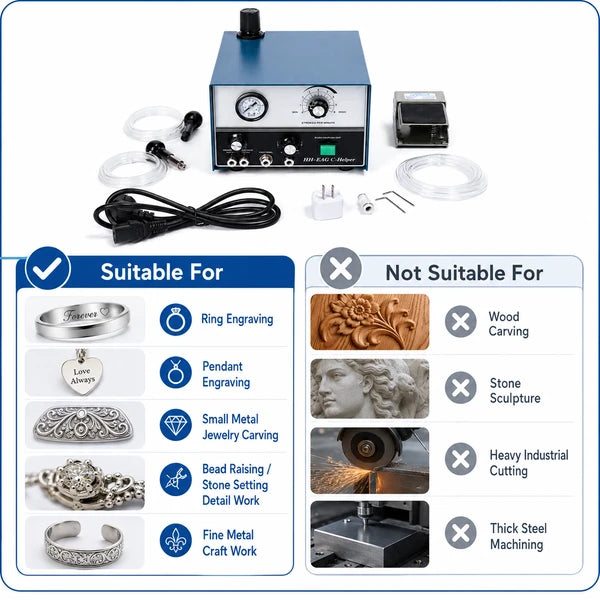 HH-E04 G-Helper double-head pneumatic jewelry engraver full set with foot pedal, handpieces, hoses, power cord, and accessories displayed on white background