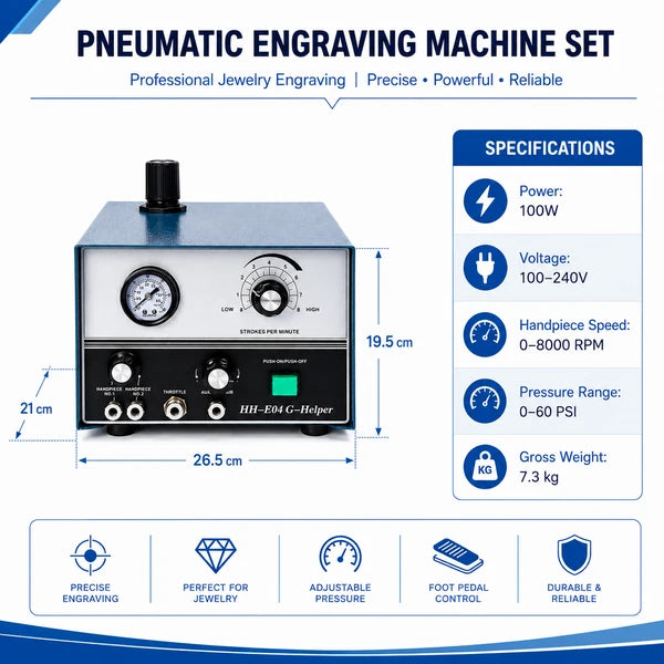 HH-E04 pneumatic jewelry engraving machine suitable for ring engraving, pendant engraving, small metal jewelry carving, bead raising and stone setting; not suitable for wood carving, stone sculpture, heavy industrial cutting, or thick steel machining